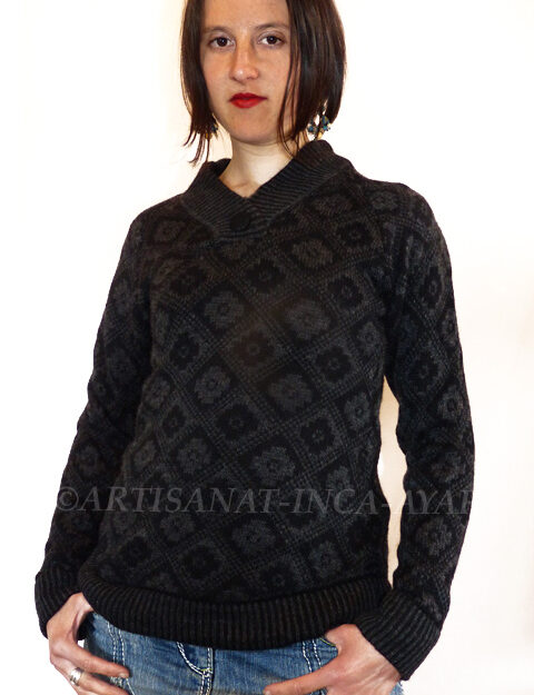 Pull femme en laine d'alpaga motif chakana noir/gris