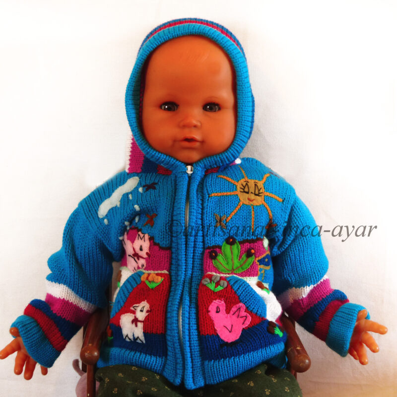 Gilet péruvien bébé 3/9 mois. couleurs turquoise, rose et blanc