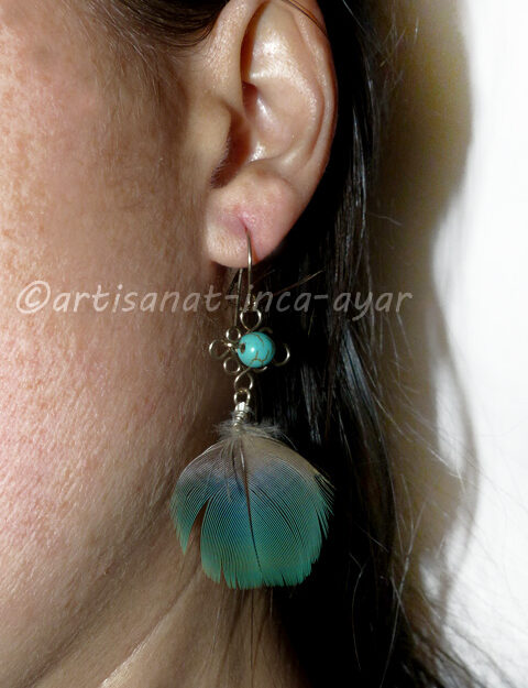 Boucles d'oreilles petites plumes bleues et pierres de turquoises