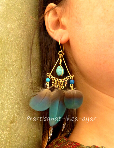 Boucles d'oreilles en bronze triples plumes bleues