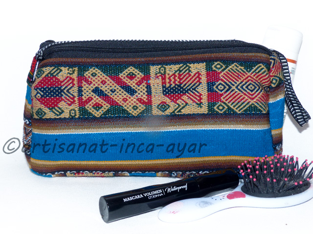 Large trousse à maquillage en tissu péruvien bleu turquoise