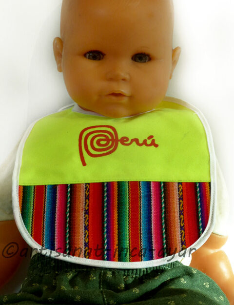 Bavoir pour bébé jaune fluo et tissu péruvien multicolore