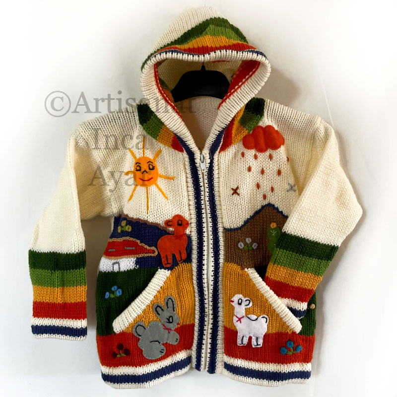 Gilet péruvien enfant 3/4 ans blanc cassé et couleurs d'automne