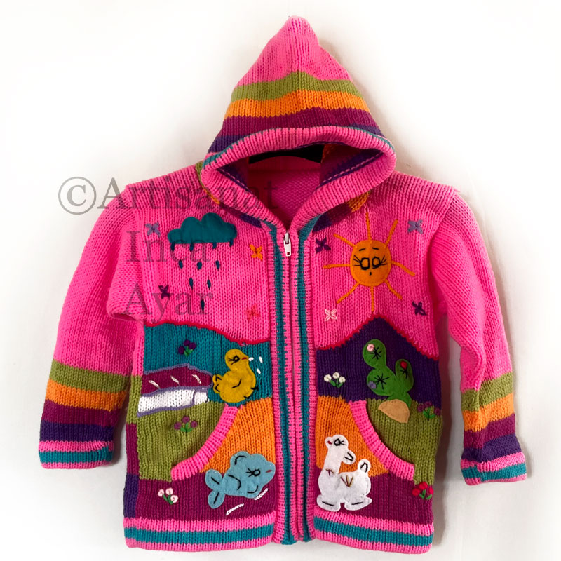 Gilet péruvien enfant 3/4 ans rose vif et multicolore