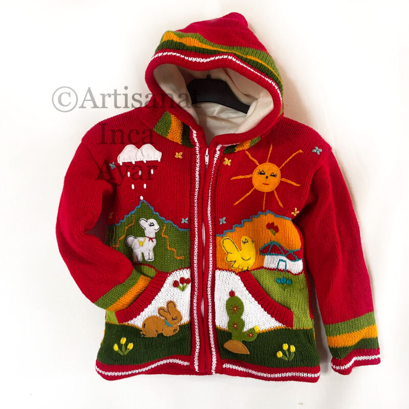 Gilet péruvien enfant 6/7 ans doublé polaire rouge et multicolore