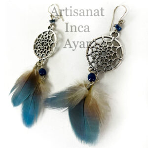 Boucles d'oreilles attrape rêves plumes naturelles bleues