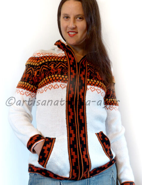Gilet femme en laine d'alpaga blanc et orangé