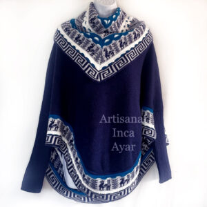 Pull chauve souris long col en laine d'alpaga du Pérou bleu nuit