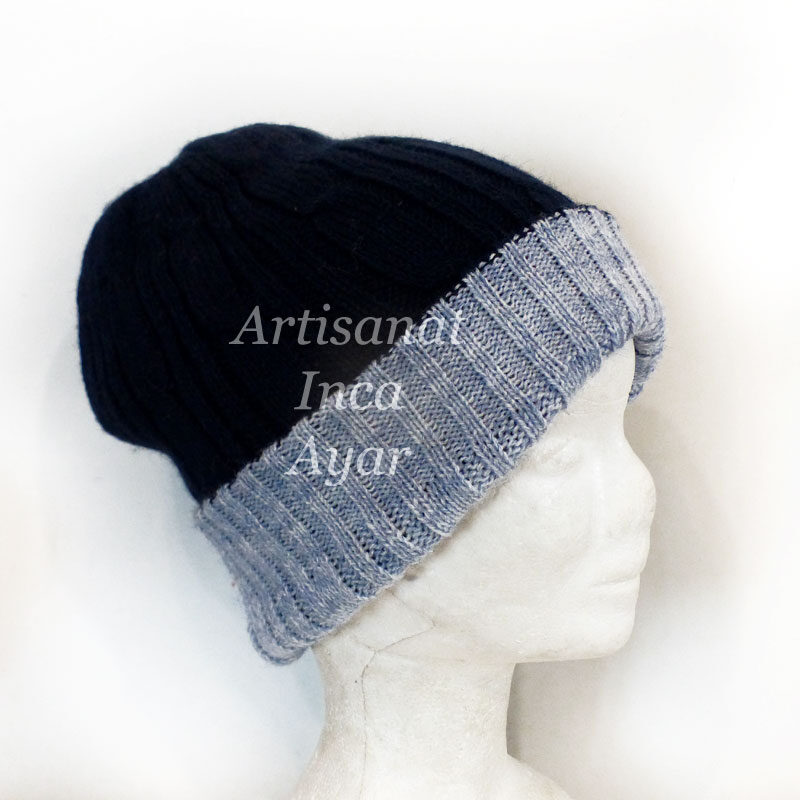 Bonnet double réversible en laine d'alpaga gris bleu