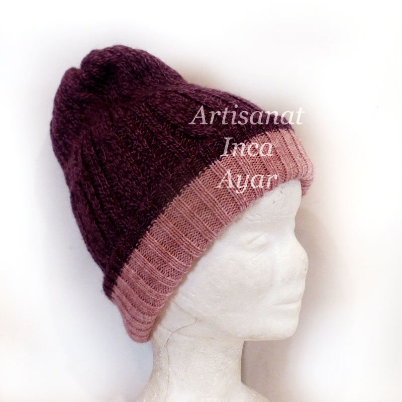 Bonnet double réversible en laine d'alpaga rose / violet