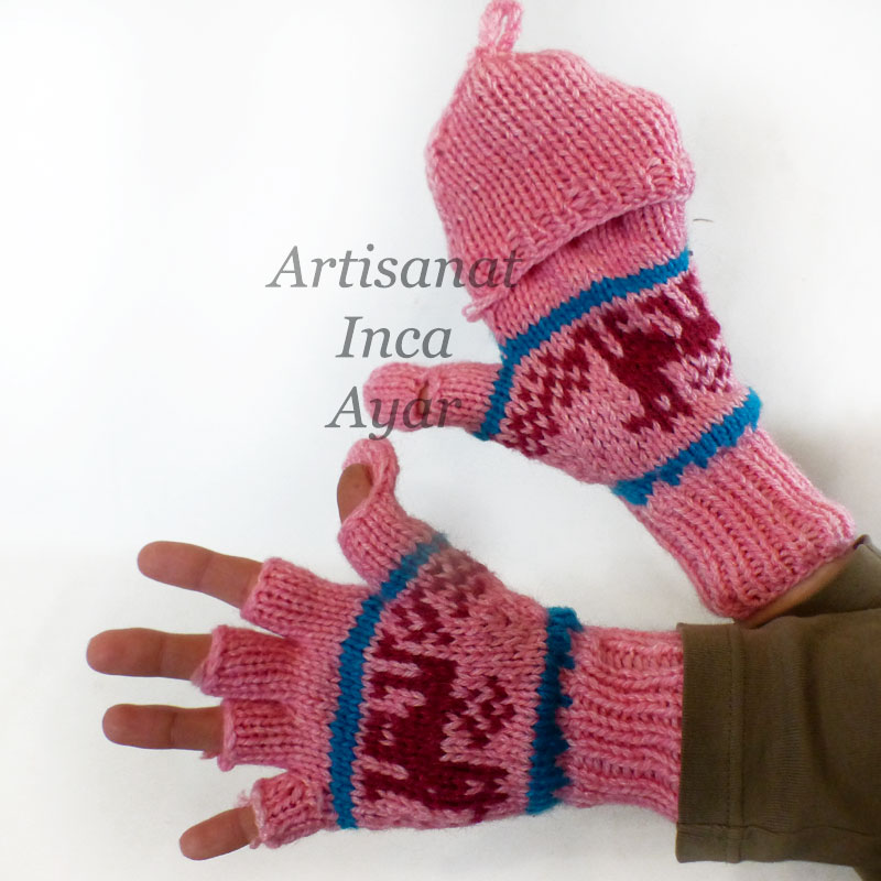 Mitaines-moufles adultes laine d'alpaga rose