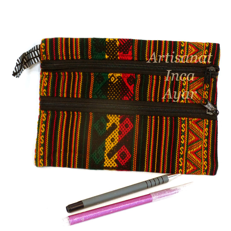 Trousse plate 2 fermetures en tissu péruvien couleurs rasta