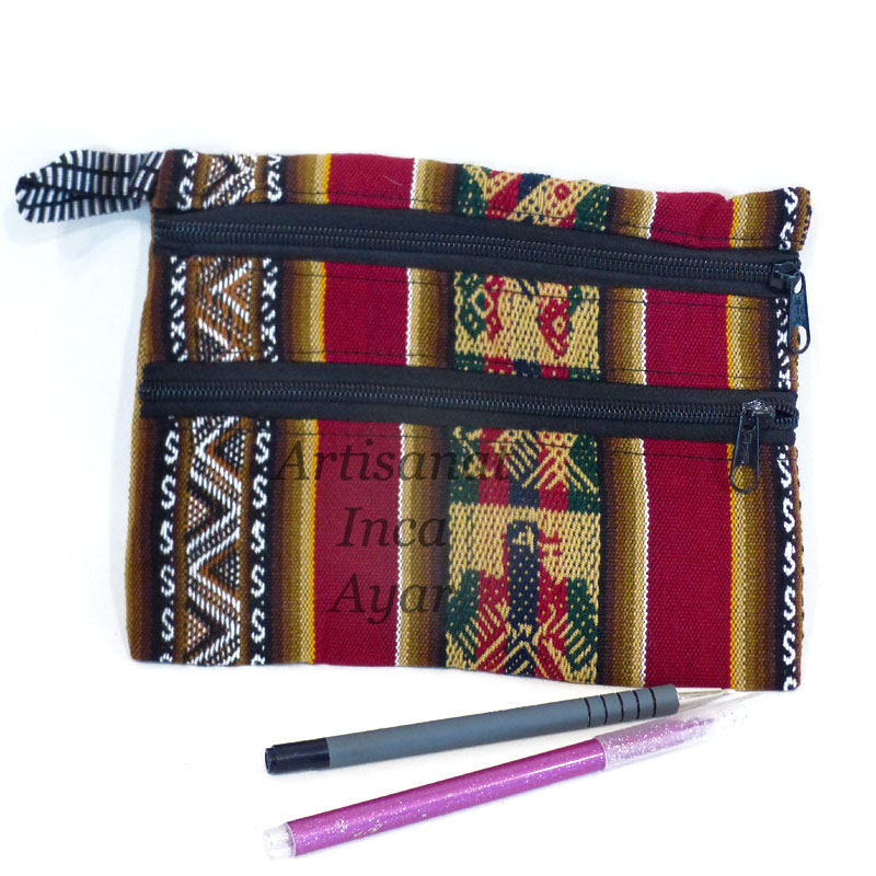 Trousse plate 2 fermetures en tissu péruvien rouge foncé