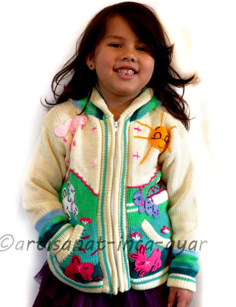 Gilet péruvien enfant 5/6 ans blanc cassé et vert