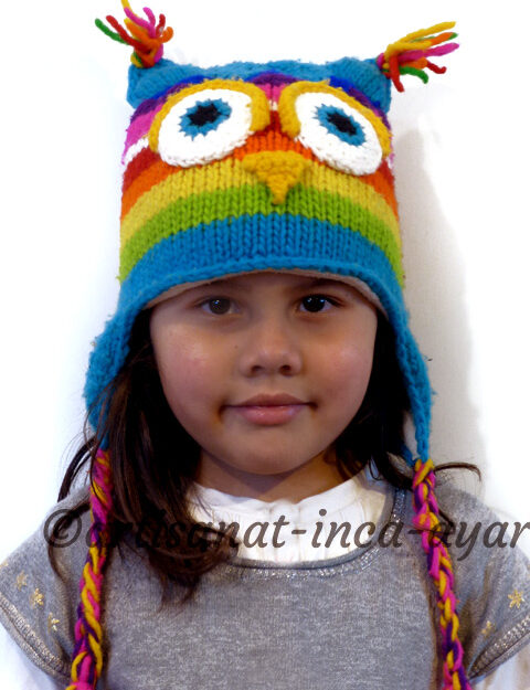 Bonnet enfant en laine motif hibou multicolore