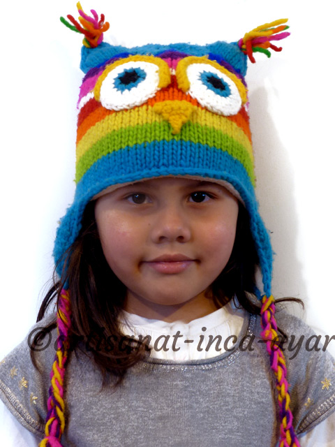 Bonnet enfant en laine motif hibou multicolore