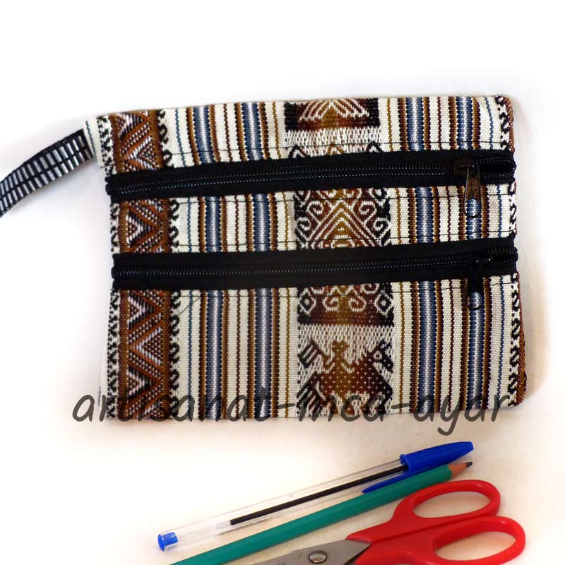 Trousse plate 2 fermetures en tissu peruvien blanc