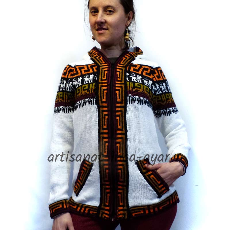 Gilet coloré pour femme en laine d'alpaga blanc et couleurs feu