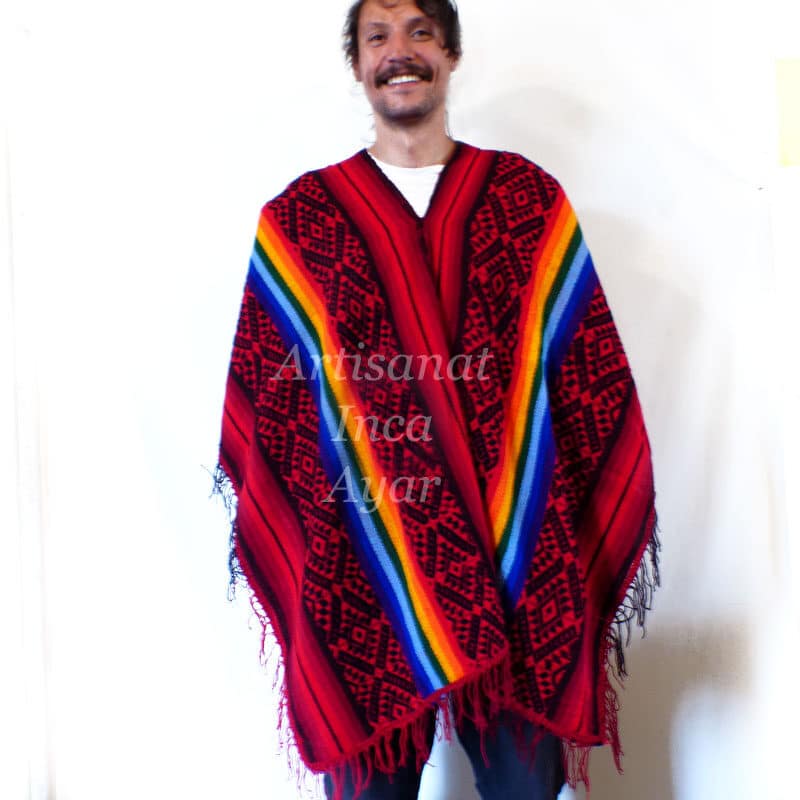 poncho péruvien laine rouge et coloré