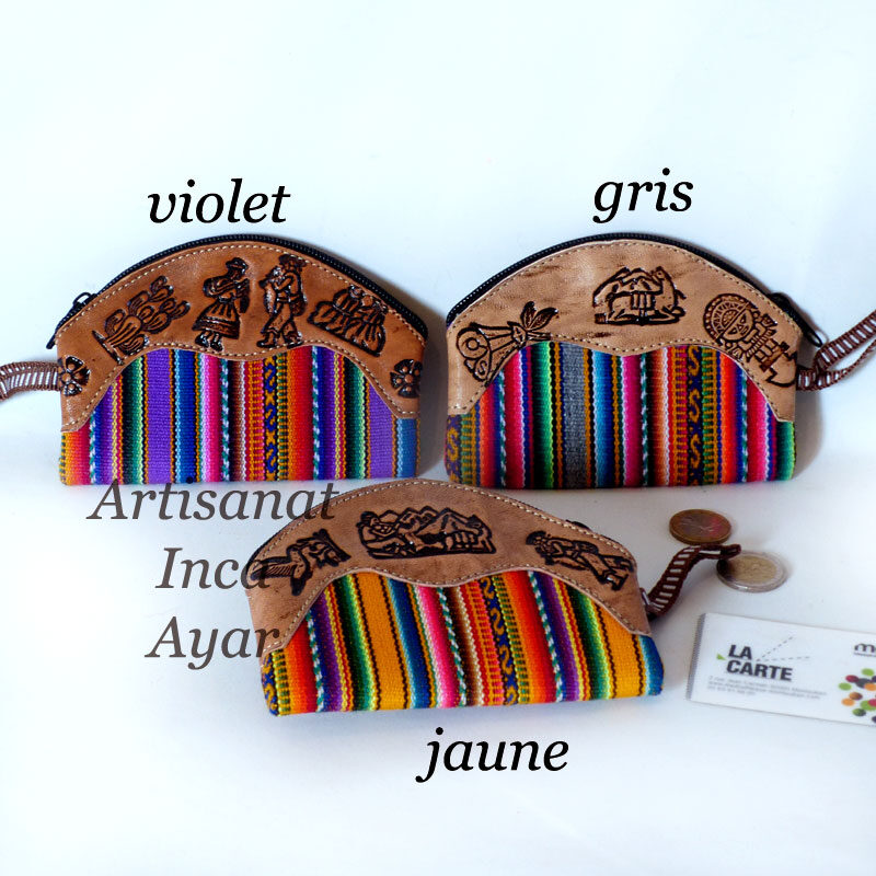 Porte monnaie ovale cuir et tissu péruvien