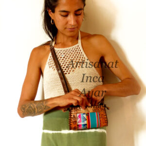 Mini sac besace en cuir et tissu péruvien vert d'eau et multicolore