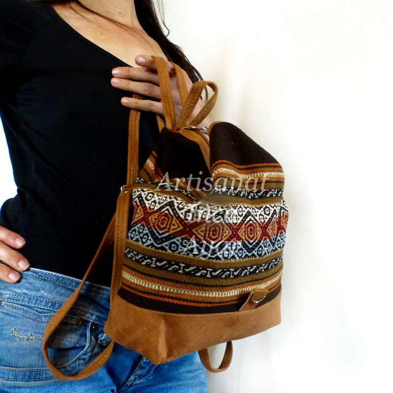 Sac à dos en velours type daim et tissu péruvien