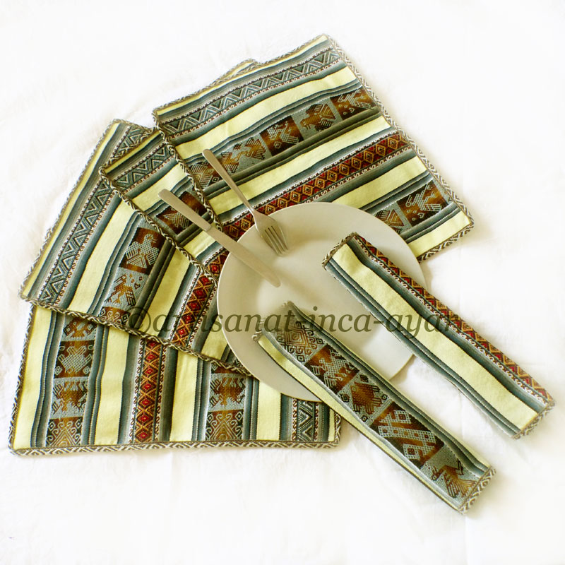 Sets de table en tissu péruvien bleu/gris et blanc