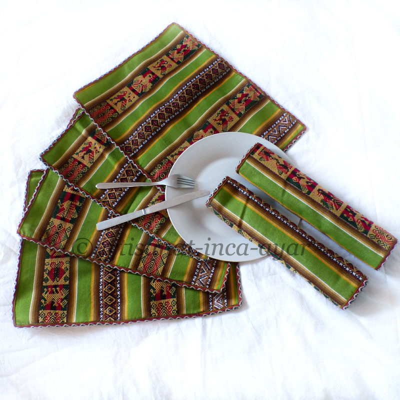 Sets de table en tissu péruvien vert et marron