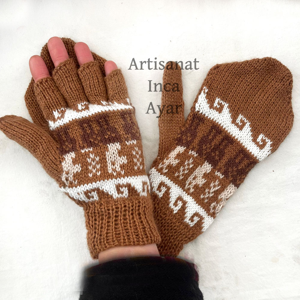 Mitaines-moufles adultes laine d'alpaga marron clair