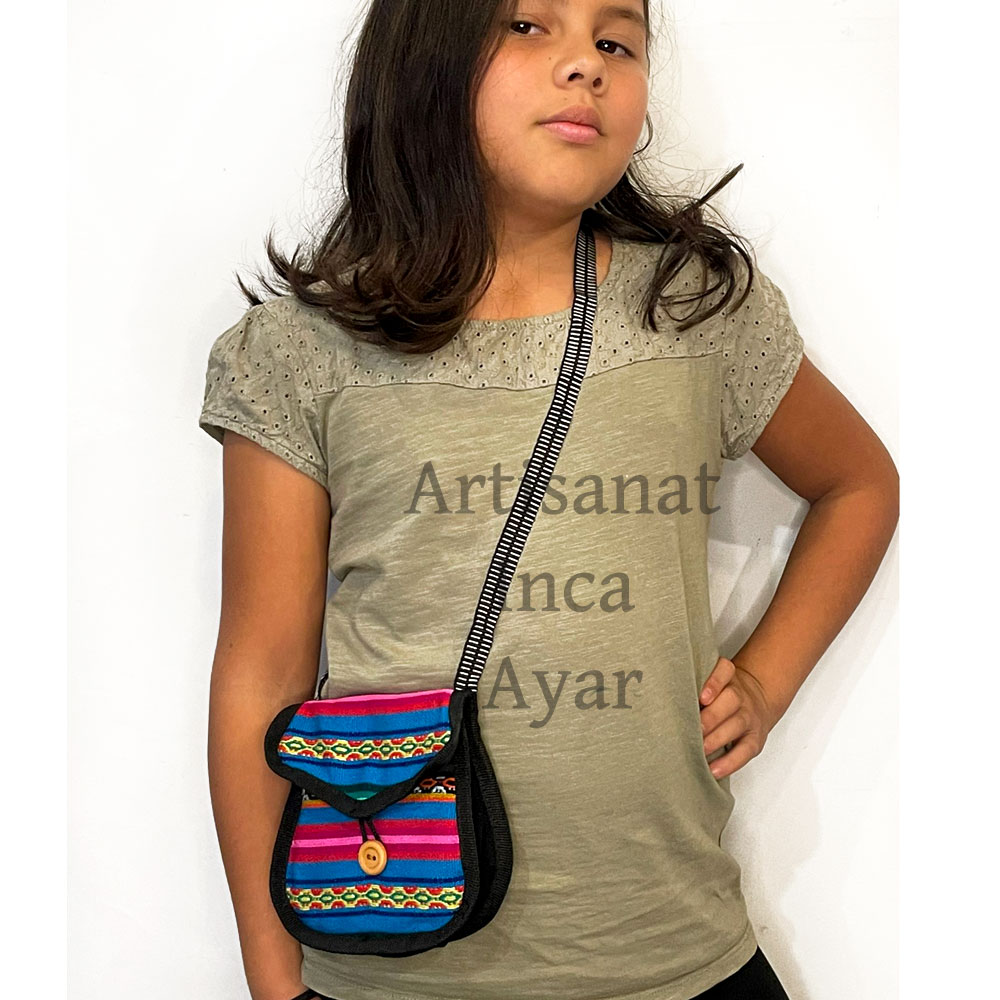 Mini sac rond en tissu péruvien bleu et multicolore