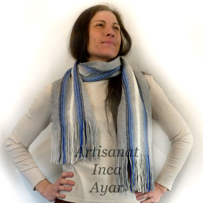 Echarpe adulte stretch en laine d'alpaga gris et bleu