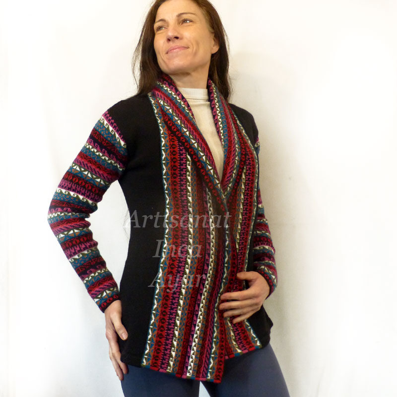 Veste cardigan femme en laine d'alpaga noir et multicolore