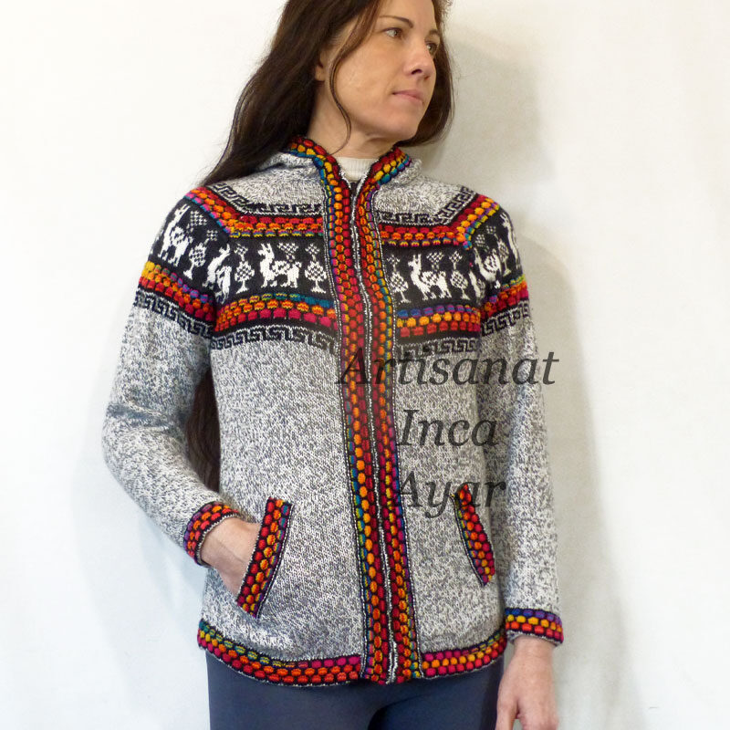 Gilet femme en laine d'alpaga gris et multicolore