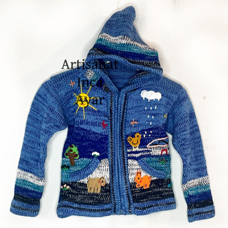 Gilet péruvien enfant 3/4 ans bleu chiné