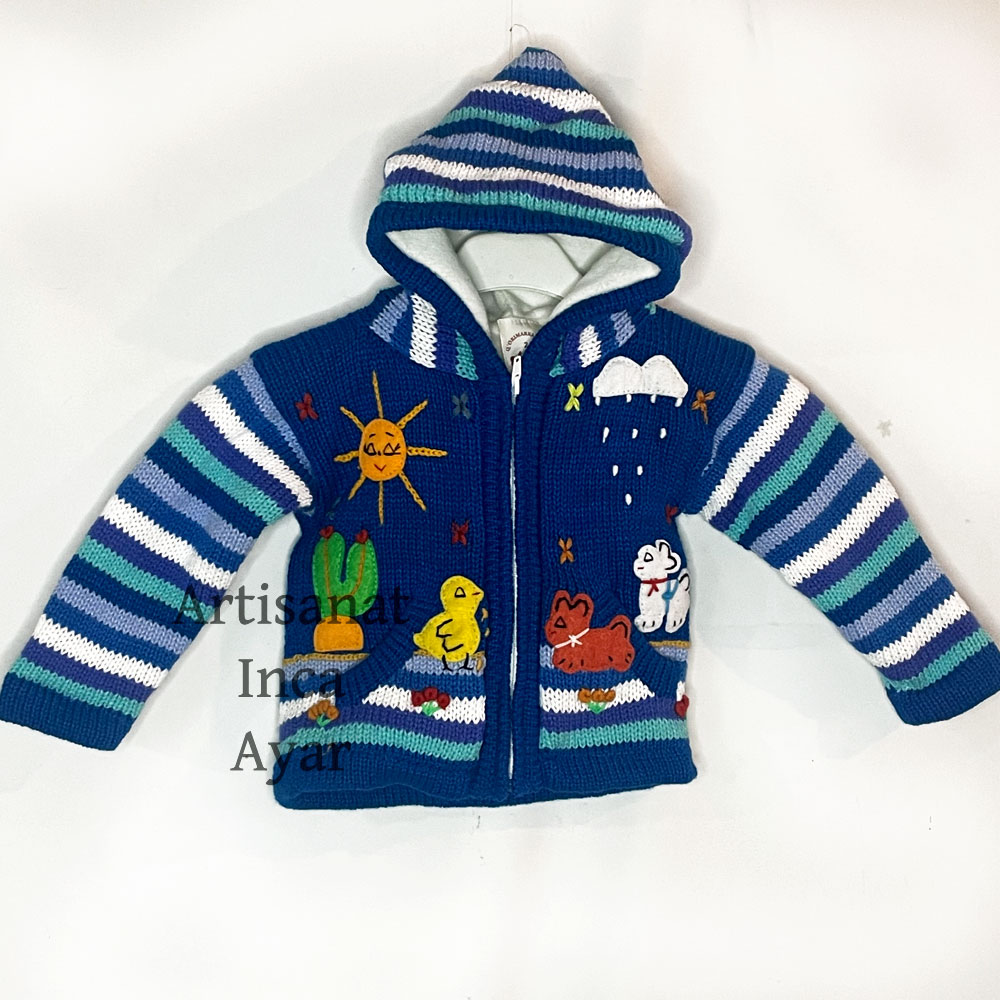 Gilet péruvien enfant doublé polaire 10 mois/2 ans bleu