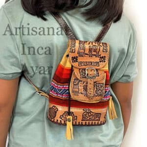Mini Sac à dos en cuir et tissu péruvien orange