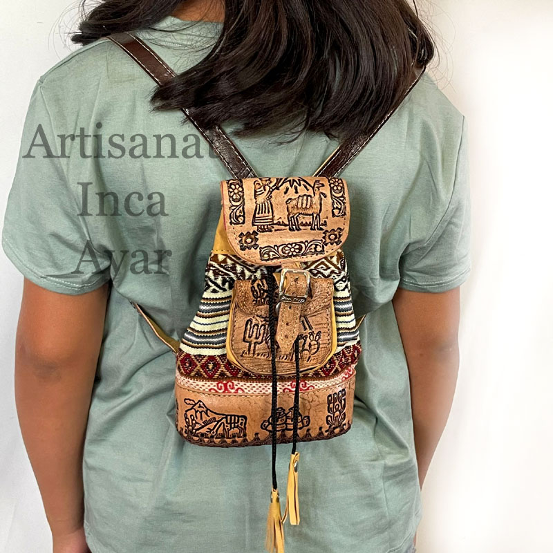 Mini Sac à dos en cuir et tissu péruvien blanc