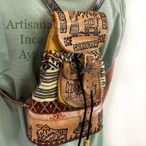 Mini Sac à dos en cuir et tissu péruvien blanc