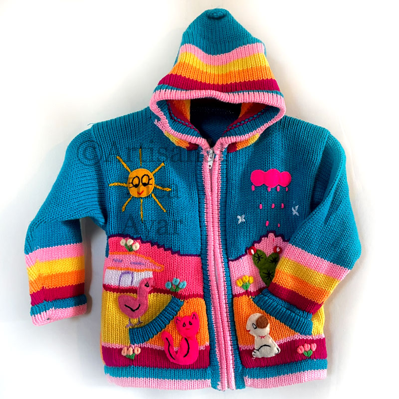 Gilet péruvien enfant 3/4 ans bleu turquoise et rose
