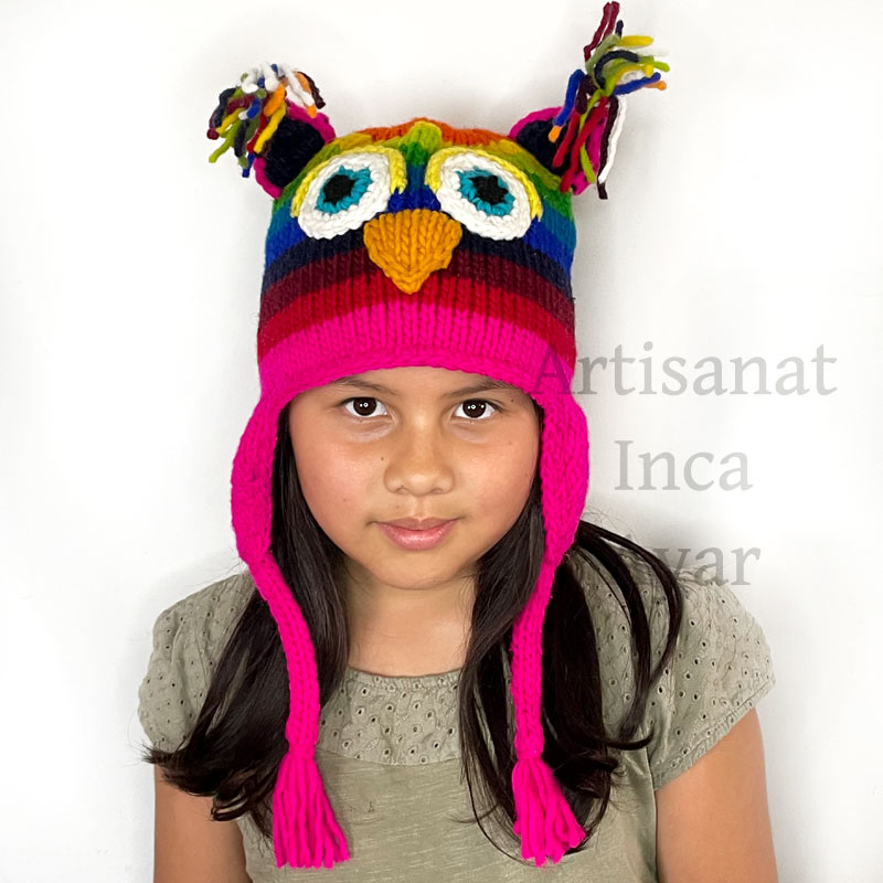 Bonnet enfant laine motif hibou multicolore